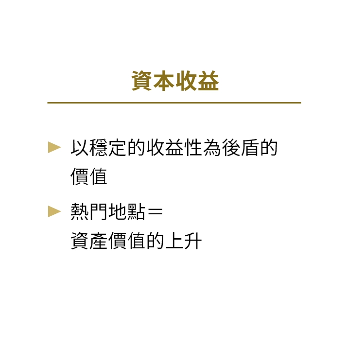 資本收益 以穩定的收益性為後盾的價值 熱門地點=資產價值的上升
